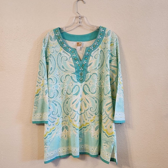 JM Collection 3/4 Sleeve Teal Paisley Design Tunic Shirt. Embellished Sz 2X NWOT - Picture 1 of 13